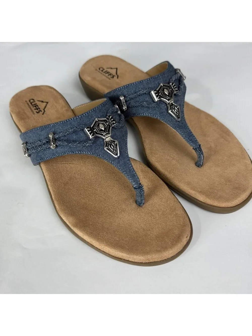 Cliffs Blue Jean Southwest Flip Flop Sandals Bailee Women's 11M silver details
